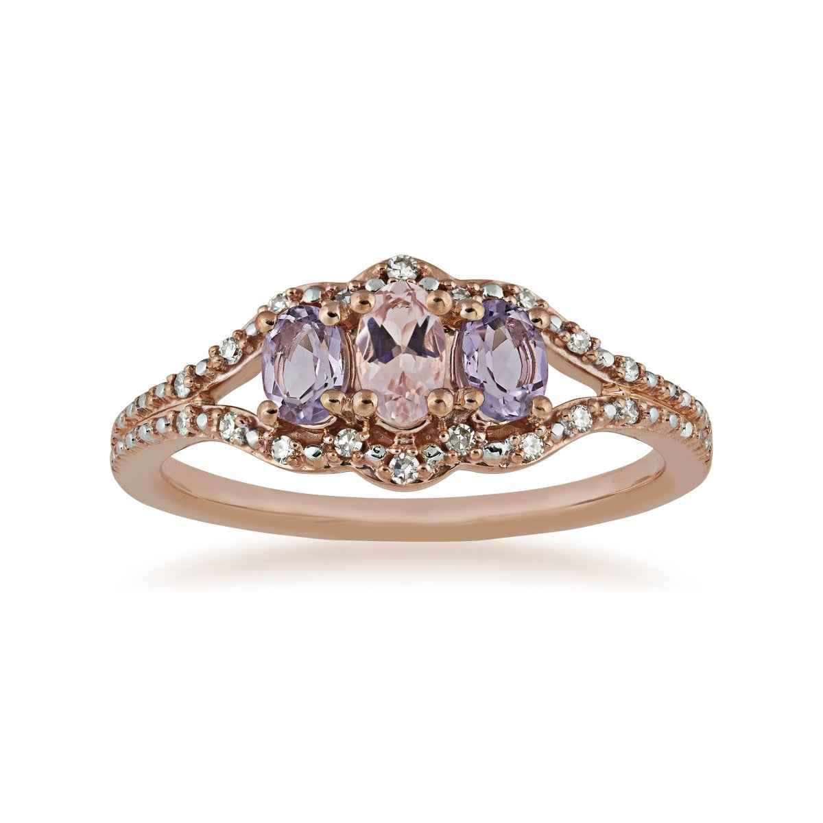 3-Stone Oval Morganite, Rose De France Amethyst & 1/10 ct. tw. Diamond Ring in 10K Pink Gold