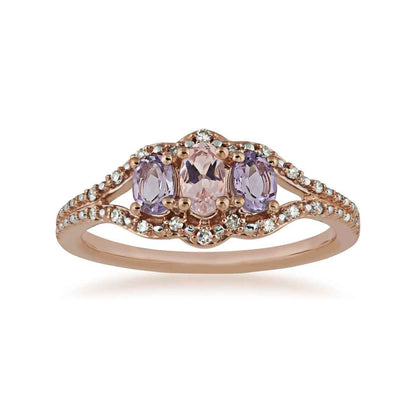 3-Stone Oval Morganite, Rose De France Amethyst & 1/10 ct. tw. Diamond Ring in 10K Pink Gold