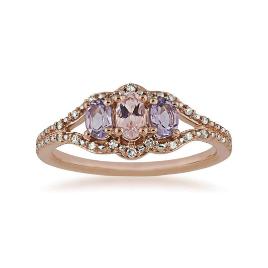 3-Stone Oval Morganite, Rose De France Amethyst & 1/10 ct. tw. Diamond Ring in 10K Pink Gold