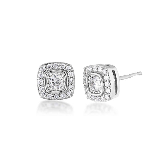 1/3 ct. tw. Diamond Post Fashion Earrings with Round Diamond Halo and Miracle Plating in 10K White Gold