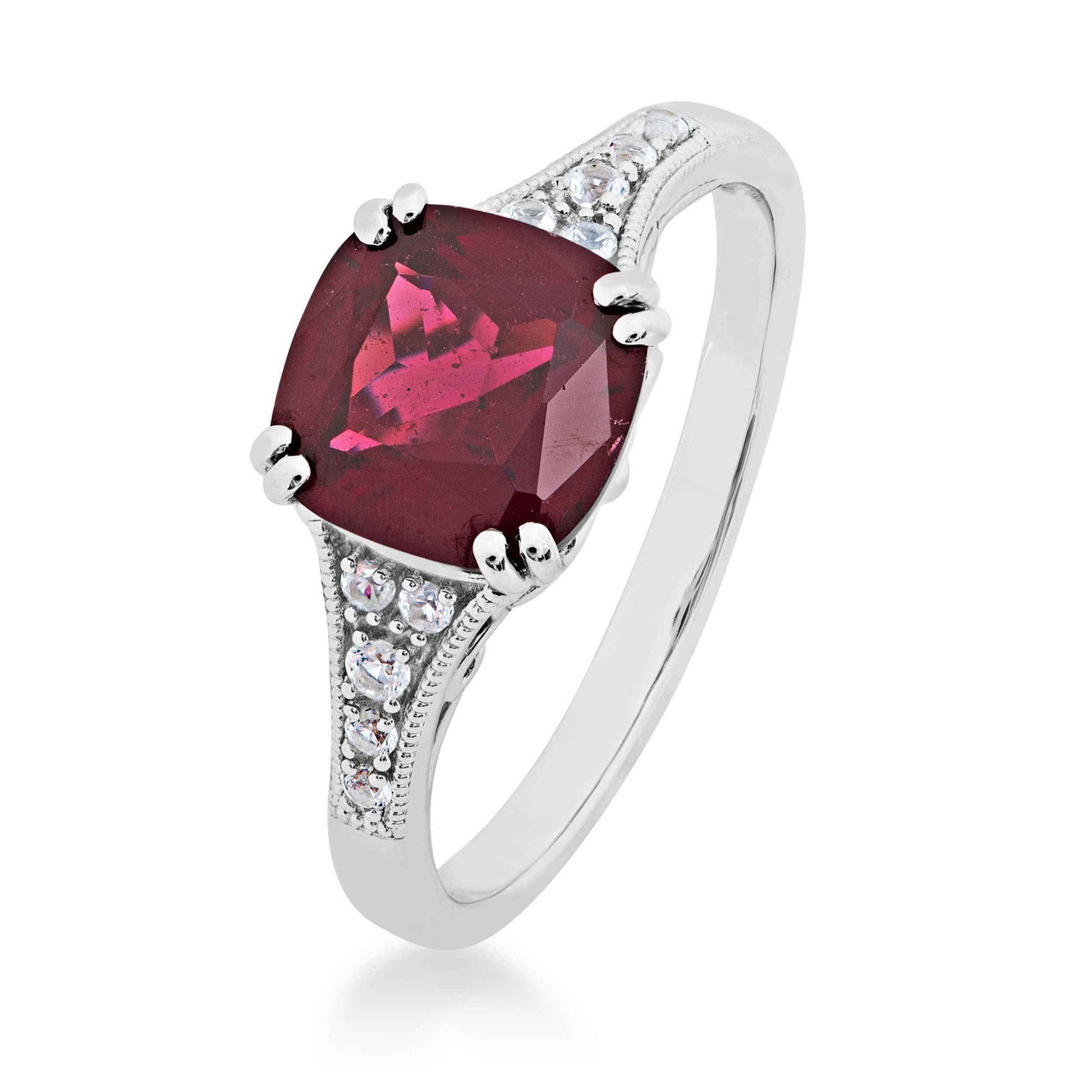 Cushion Cut Genuine Brazilian Garnet Ring with White Sapphire Accents in Sterling Silver front view