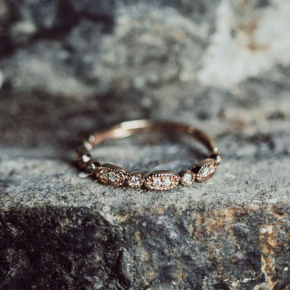 Perfect Match Diamond Accent Stackable Anniversary Ring with Milgrain Detailing in 10K Pink Gold close-up detail