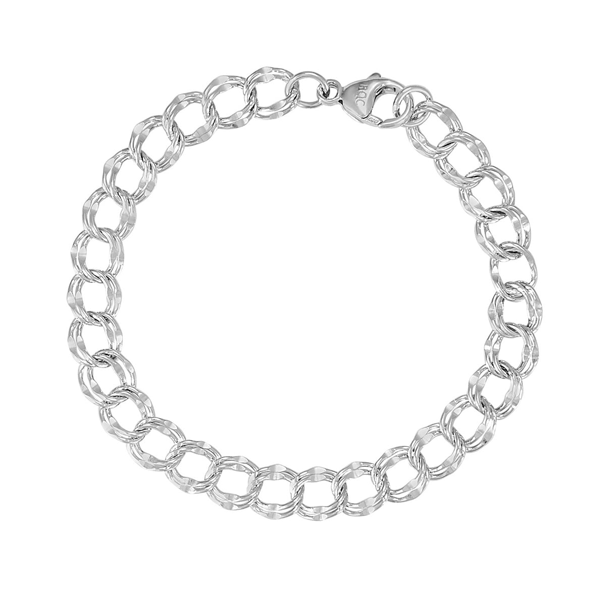 7-inch Large Double Link Dapped Curb Charm Bracelet in Sterling Silver