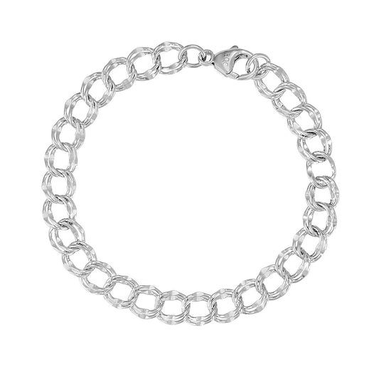 7-inch Large Double Link Dapped Curb Charm Bracelet in Sterling Silver
