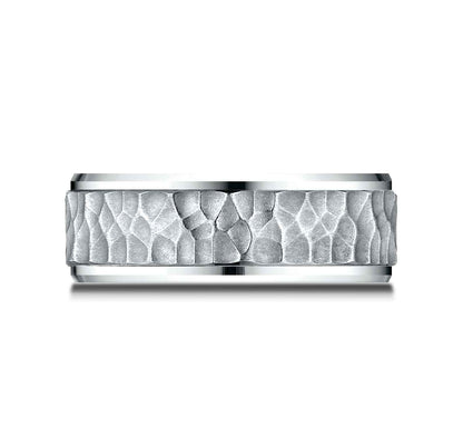 Benchmark Men's 8mm Wedding Band with Hammered Design in 10K White Gold
