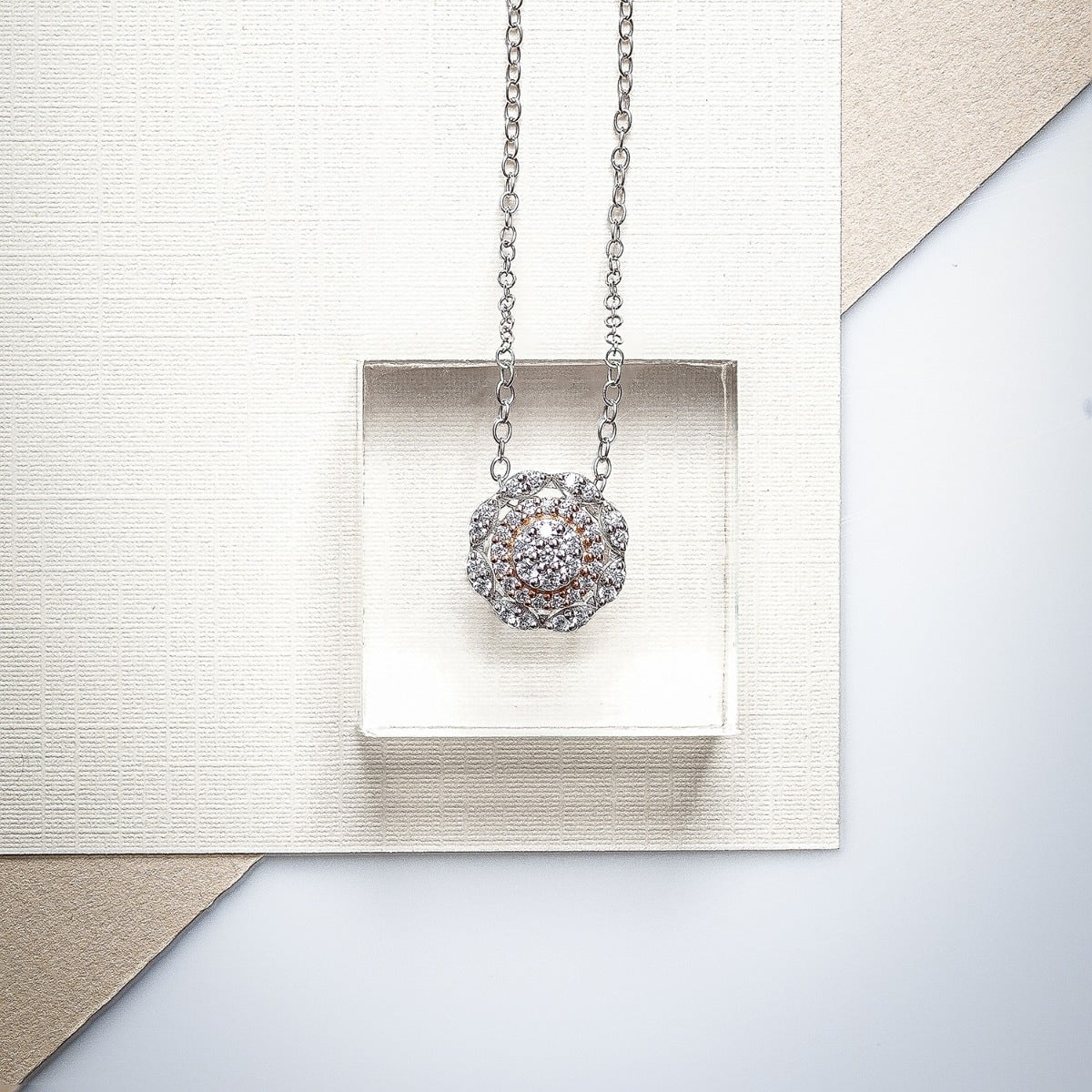 Fairytale Diamonds 1/3 ct. tw. Diamond Round Cluster Double Halo Pendant in 10K White & Pink Gold front view