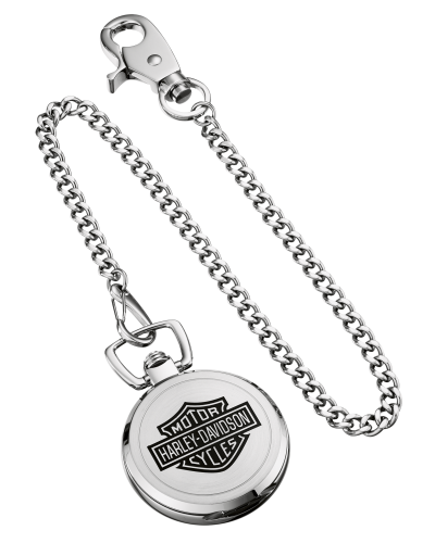 Harley Davidson Men's Black Dial Pocketwatch with 15-inch Swag Chain in Brushed & Polished Stainless Steel front view