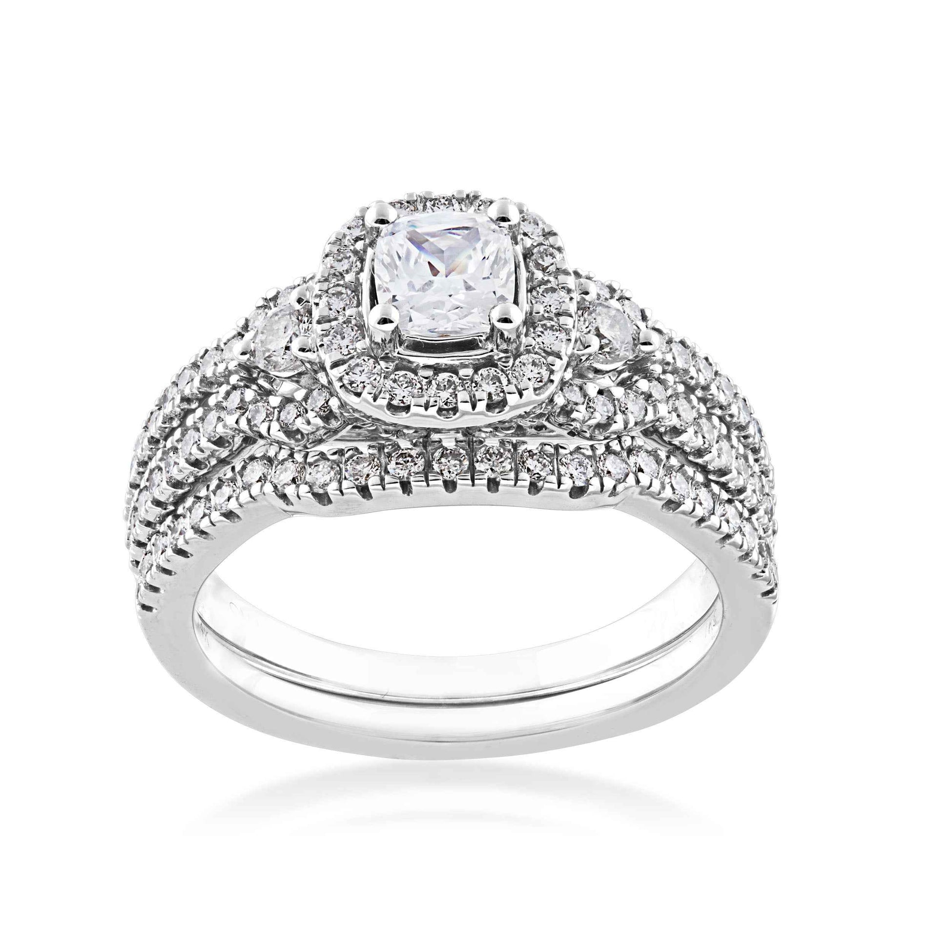 Noventa 1-1/8 ct. tw. Cushion Cut Halo Diamond Wedding Set with V-Split Set Diamond Band in 14K White Gold