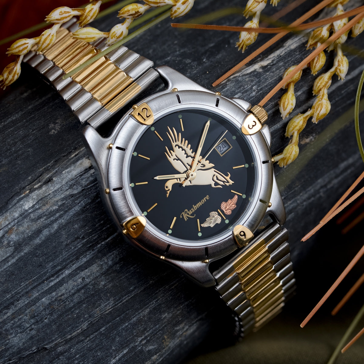Black Hills Gold Men's Quartz White & Gold-Tone Stainless Steel Watch with Black Duck Dial front view