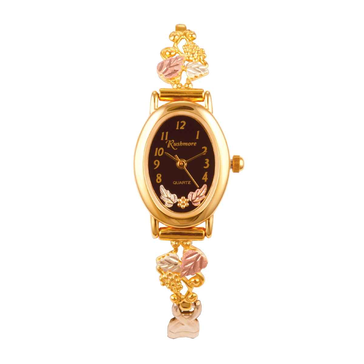 Black Hills Gold Ladies' Quartz Gold-Tone Stainless Steel Watch with Black Oval Dial & Gold Grapevine Band