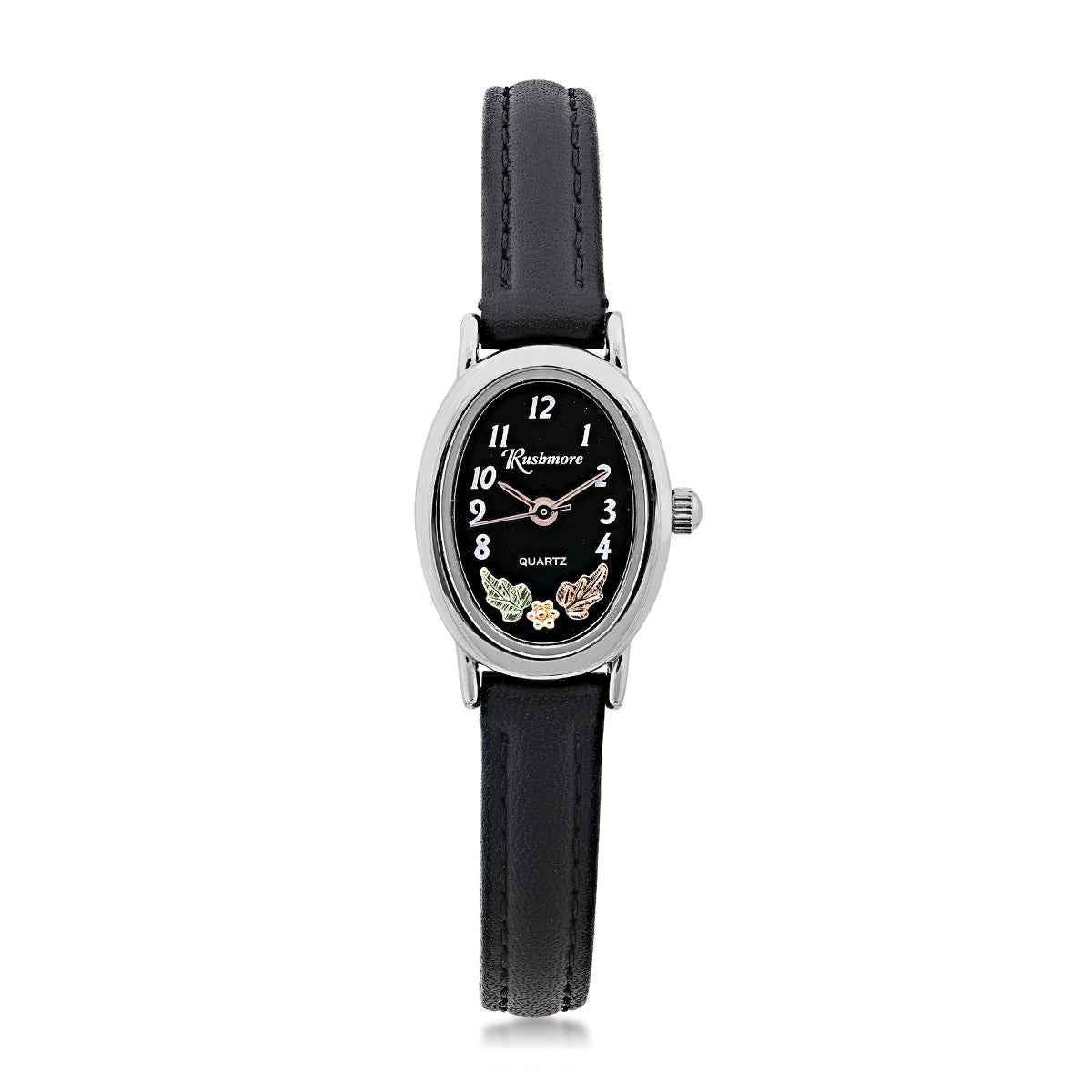 Rushmore Ladies' Black Hills Gold Stainless Steel Watch with Black Oval Dial & Black Leather Band