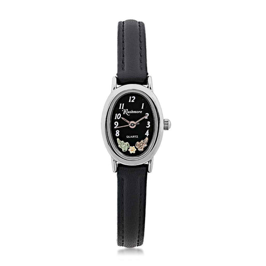 Rushmore Ladies' Black Hills Gold Stainless Steel Watch with Black Oval Dial & Black Leather Band
