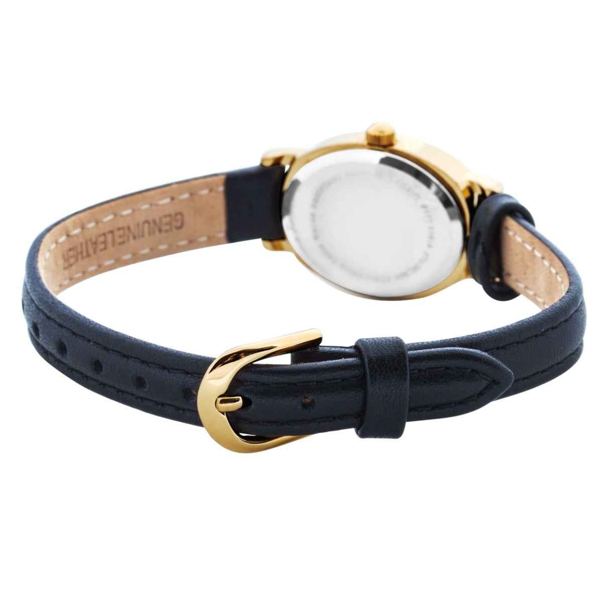 Rushmore Ladies' Black Hills Gold Gold-Tone Stainless Steel Watch with Black Dial & Black Leather Band front view