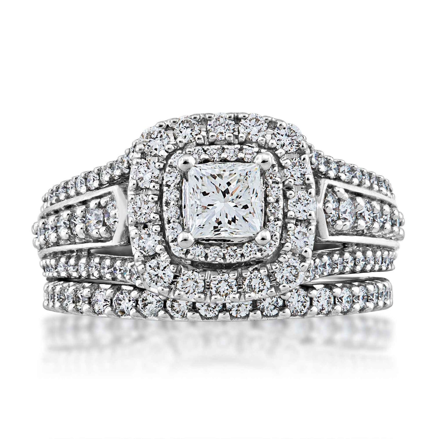 Natural 1-3/4 ct. tw. Princess Cut Diamond Double Halo Wedding Set in 14K White Gold front view