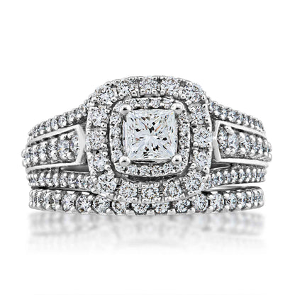 Natural 1-3/4 ct. tw. Princess Cut Diamond Double Halo Wedding Set in 14K White Gold front view