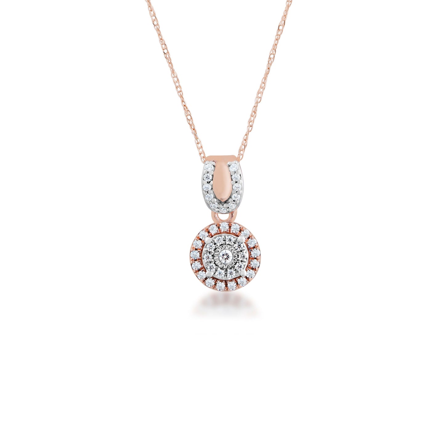 Fairytale Diamonds 1/7 ct. tw. Round Double Halo Diamond Fashion Pendant with Horseshoe Design in 10K White and Pink Gold