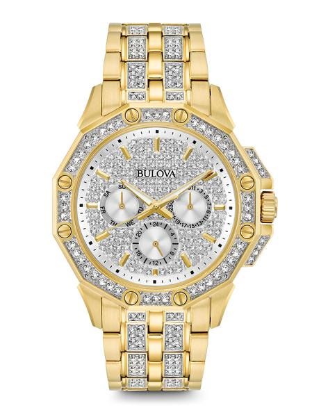 Bulova Crystal Collection Men's Embellished Watch with Multifunction Movement in Gold-Tone Stainless Steel