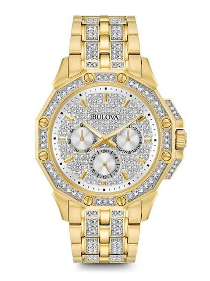 Bulova Crystal Collection Men's Embellished Watch with Multifunction Movement in Gold-Tone Stainless Steel