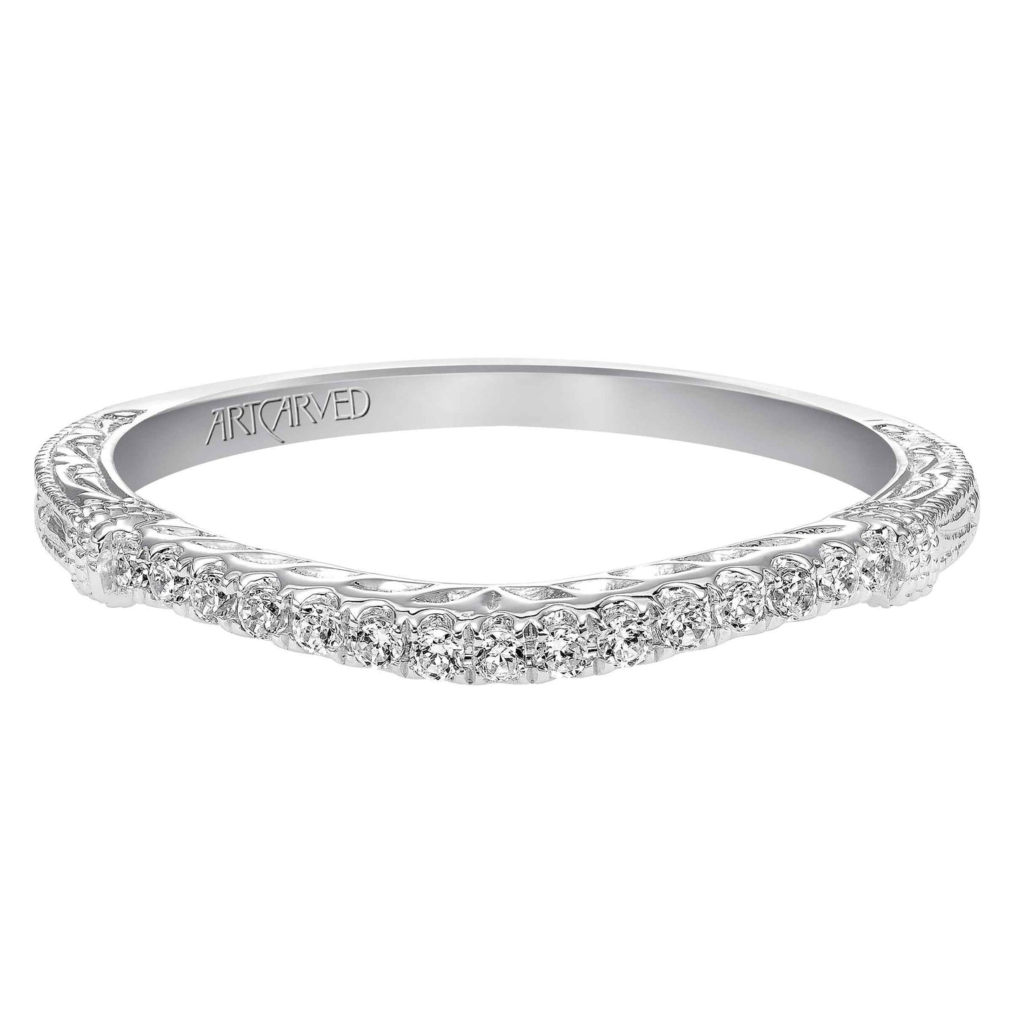 ArtCarved Vintage .12 ct. tw. Diamond Wedding Band with Filigree Side Band Detailing in 14K White Gold