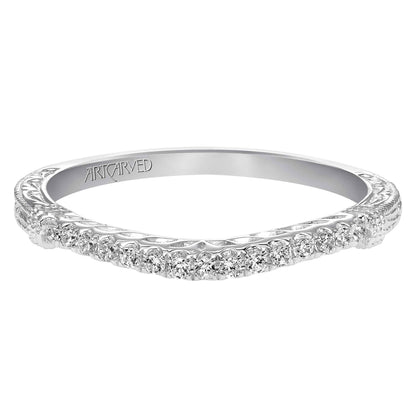 ArtCarved Vintage .12 ct. tw. Diamond Wedding Band with Filigree Side Band Detailing in 14K White Gold