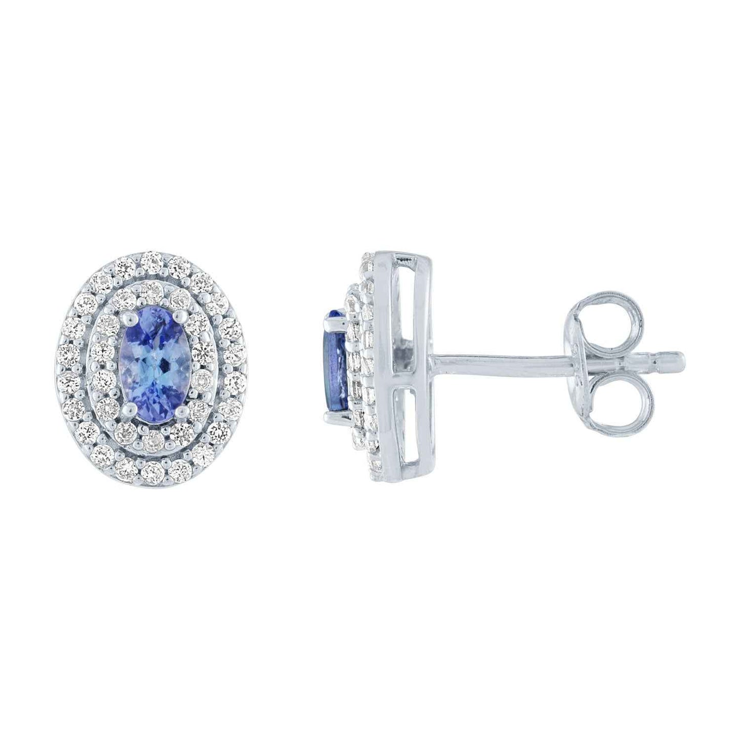 5x3 Oval Tanzanite Post Earrings with Double White Sapphire Halos in Sterling Silver