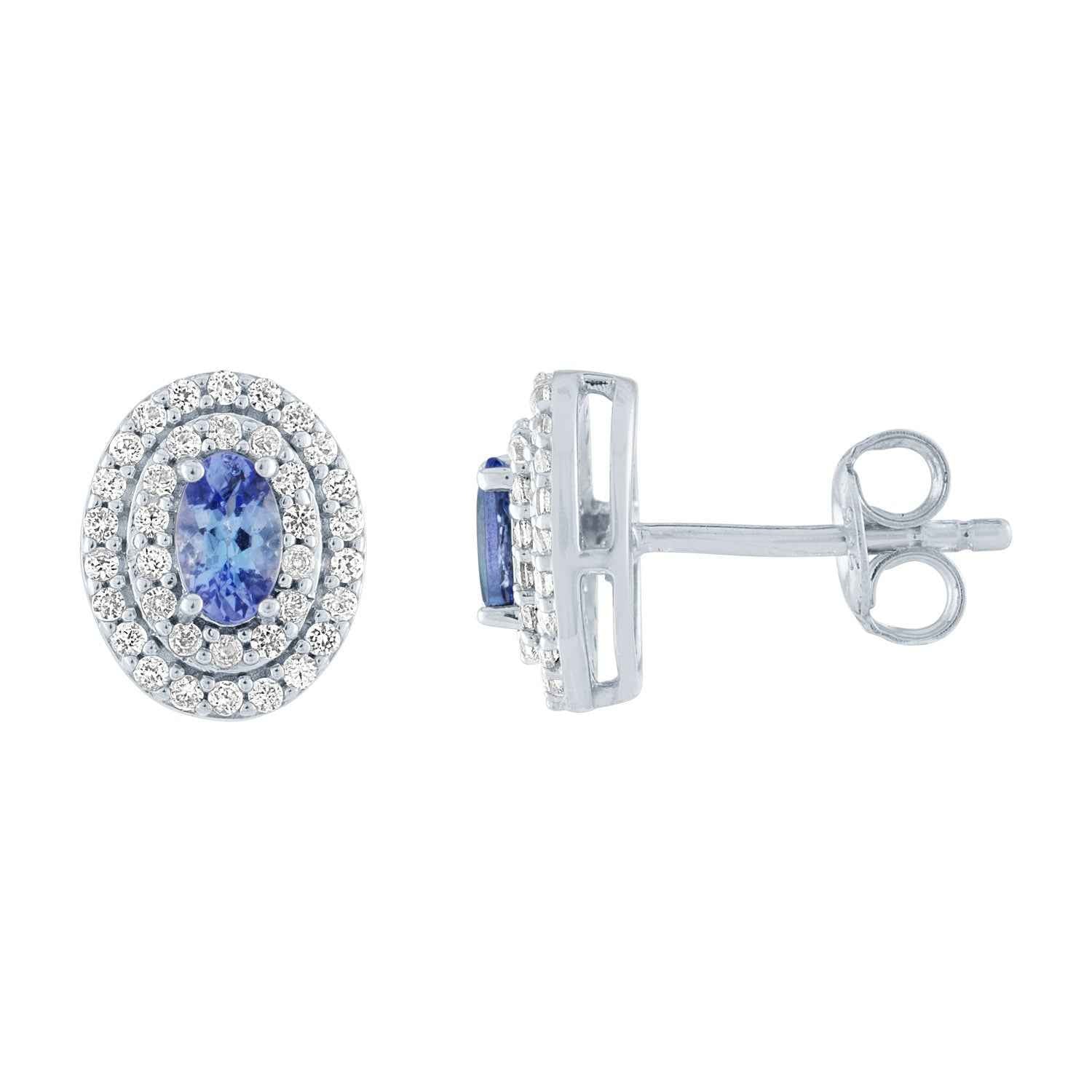 5x3 Oval Tanzanite Post Earrings with Double White Sapphire Halos in Sterling Silver