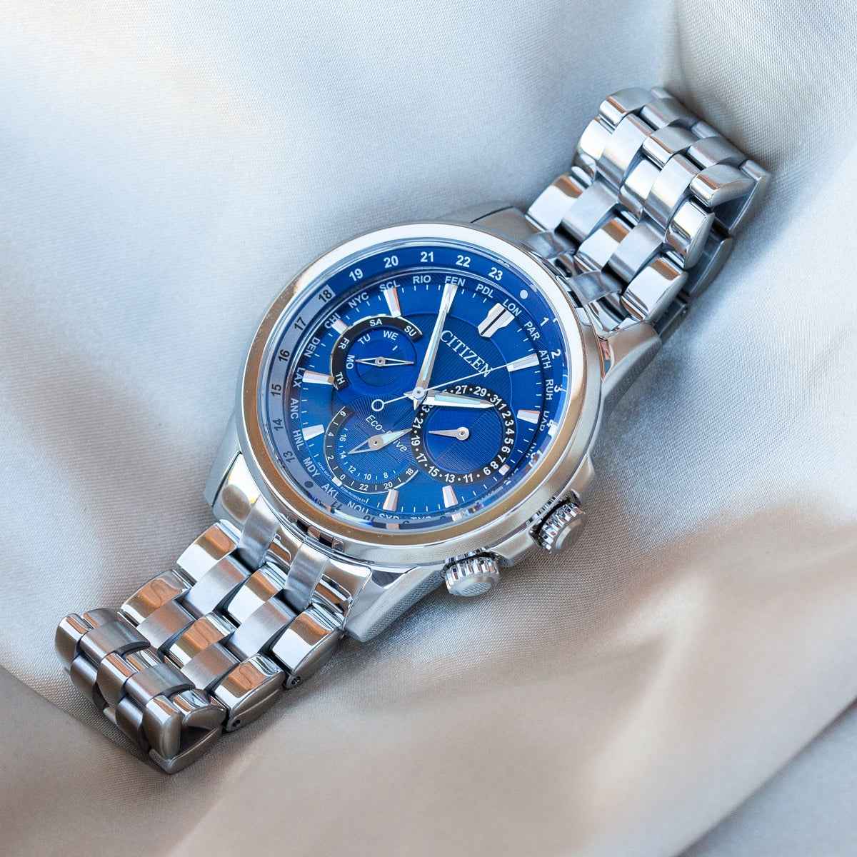 Citizen Calendrier Men's Eco-Drive Watch with Blue Multi-Function Dial in Stainless Steel front view