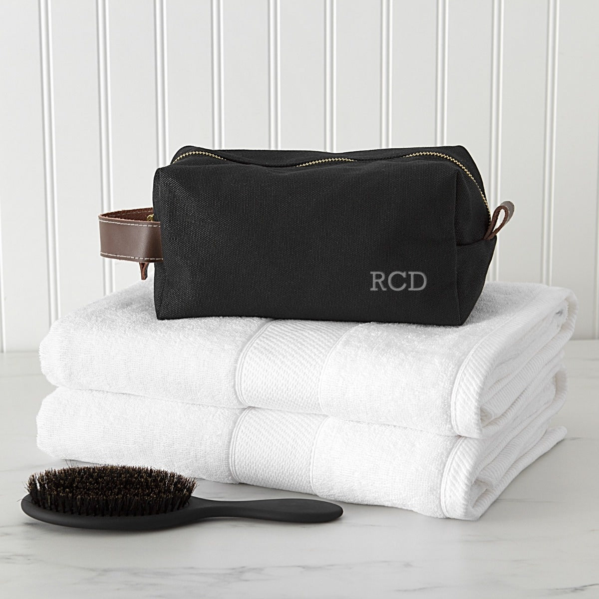 Personalized Embroidered Waxed Canvas & Leather Dopp Kit close-up detail