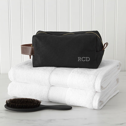 Personalized Embroidered Waxed Canvas & Leather Dopp Kit close-up detail