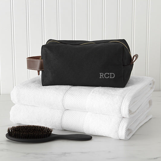 Personalized Embroidered Waxed Canvas & Leather Dopp Kit close-up detail