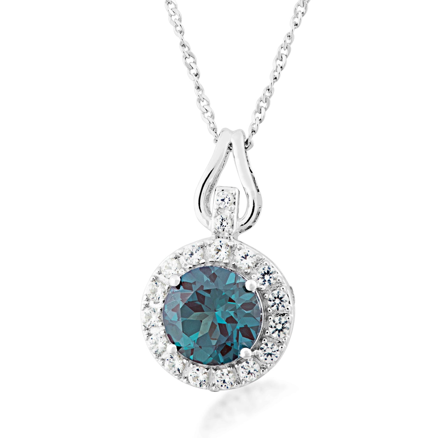 Created Round Alexandrite & White Sapphire Halo Fashion Necklace in Sterling Silver