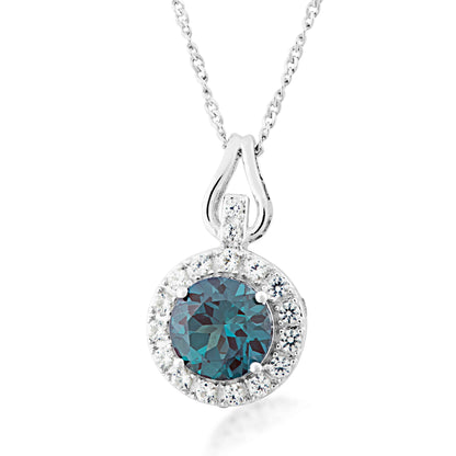 Created Round Alexandrite & White Sapphire Halo Fashion Necklace in Sterling Silver