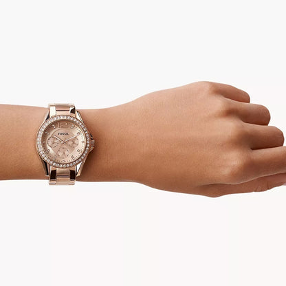 Fossil Ladies' Riley Quartz Multi-Function Rose Gold-Tone Stainless Steel Watch with Crystal Accent Pink Dial front view