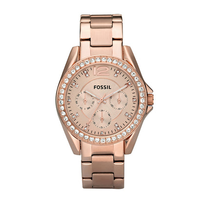 Fossil Ladies' Riley Quartz Multi-Function Rose Gold-Tone Stainless Steel Watch with Crystal Accent Pink Dial