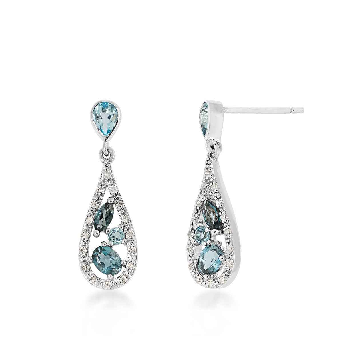 Mixed Color & Cut Blue Topaz & 1/8 ct. tw. Diamond Teardrop Dangle Earrings in Sterling Silver