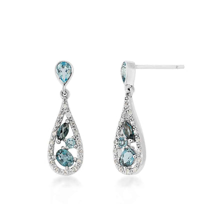 Mixed Color & Cut Blue Topaz & 1/8 ct. tw. Diamond Teardrop Dangle Earrings in Sterling Silver