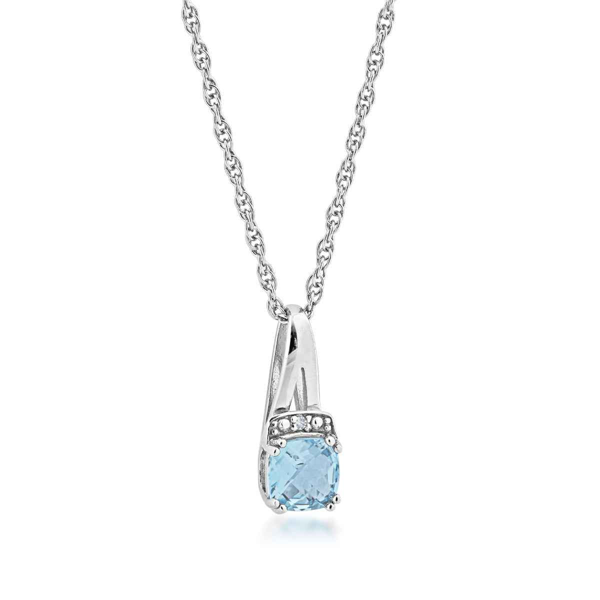 Genuine Cushion Cut Aquamarine & Diamond Fashion Pendant in Sterling Silver
