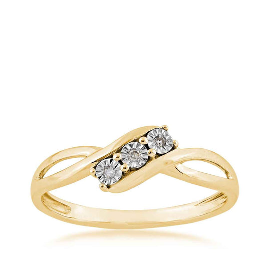 3-Stone Diamond Promise Ring with Miracle Plate Halos in 10K Yellow Gold