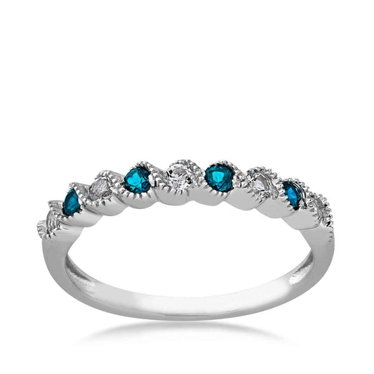 Genuine Round London Blue Topaz & White Topaz Wrapped Stackable Ring in 10K White Gold