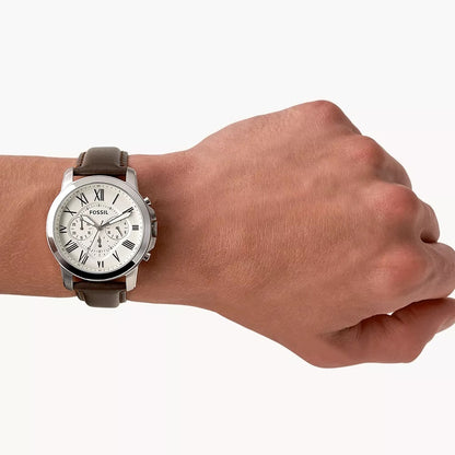 Fossil Men's Grant Quartz Chronograph Stainless Steel Watch with Cream Dial & Leather Strap front view