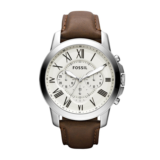 Fossil Men's Grant Quartz Chronograph Stainless Steel Watch with Cream Dial & Leather Strap