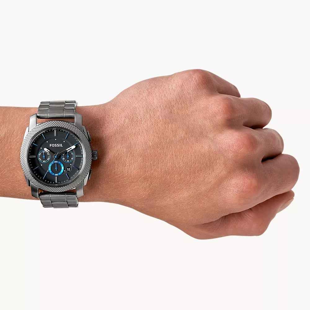 Fossil Men's Machine Quartz Chronograph Gray Stainless Steel Watch with Black & Blue Dial front view
