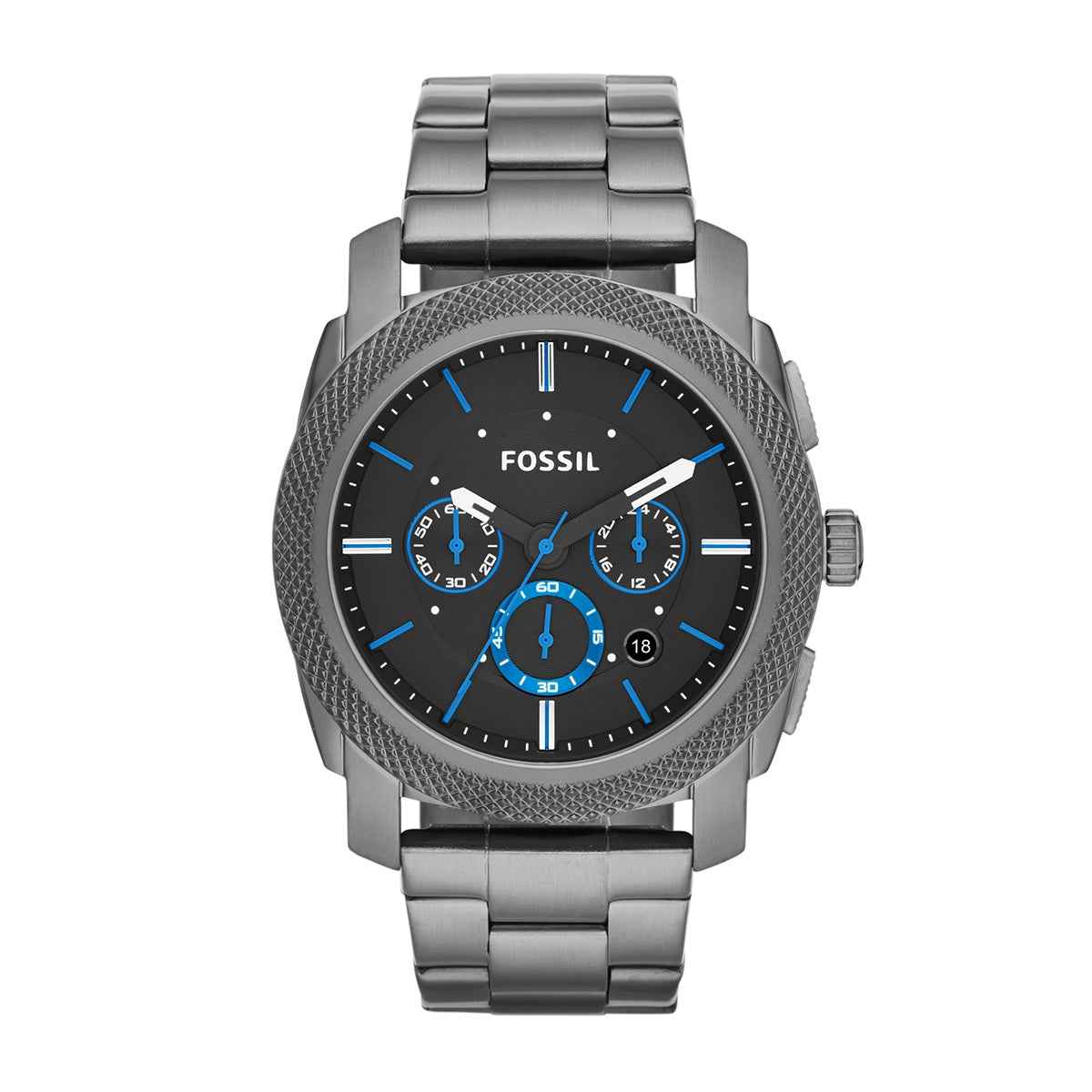 Fossil Men's Machine Quartz Chronograph Gray Stainless Steel Watch with Black & Blue Dial