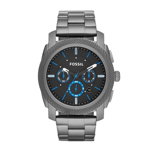 Fossil Men's Machine Quartz Chronograph Gray Stainless Steel Watch with Black & Blue Dial