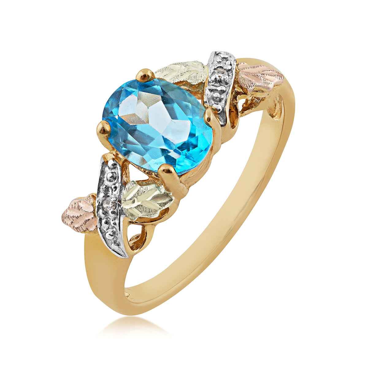 Black Hills Gold Oval Blue Topaz & Diamond Accent Ring in 10K Yellow Gold front view