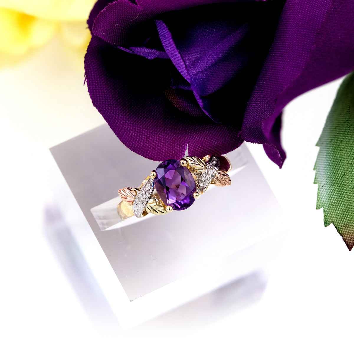 Black Hills Gold Oval Amethyst & Diamond Accent Ring in 10K Yellow Gold close-up detail