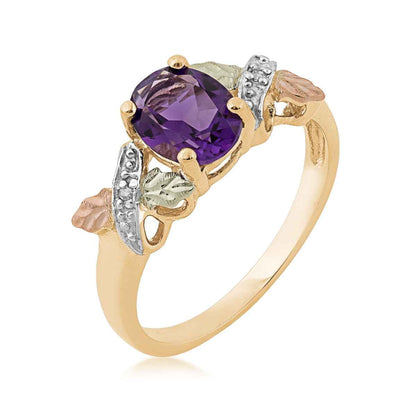 Black Hills Gold Oval Amethyst & Diamond Accent Ring in 10K Yellow Gold front view