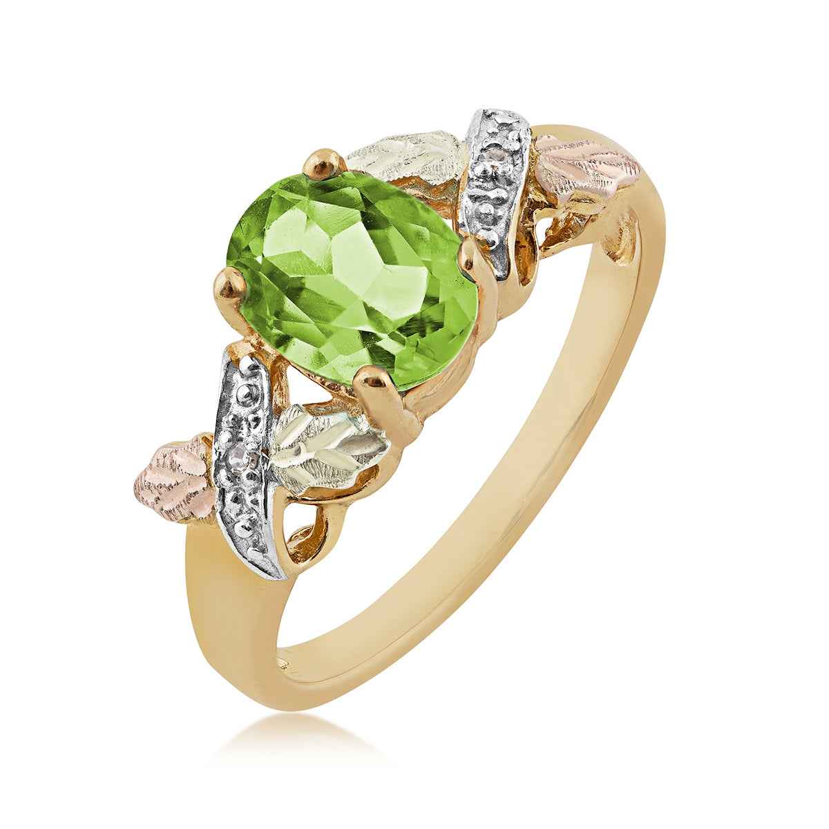 Black Hills Gold Oval Peridot & Diamond Accent Ring in 10K Yellow Gold front view