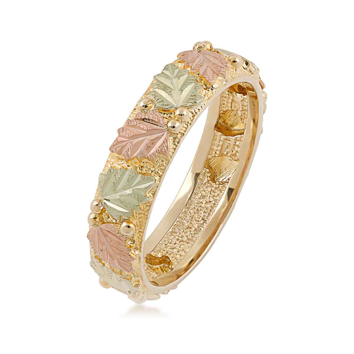 Black Hills Gold Men's Grape & Leaf Textured Finish Wedding Ring in 10K Yellow Gold front view