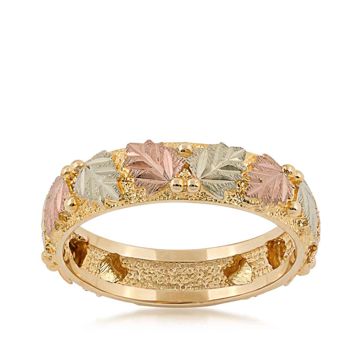 Black Hills Gold Men's Grape & Leaf Textured Finish Wedding Ring in 10K Yellow Gold